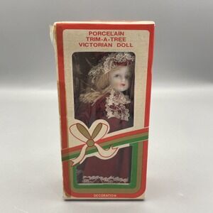 Vintage Porcelain Trim-A-Tree Doll Victorian Hand Painted In Red Dress NIB